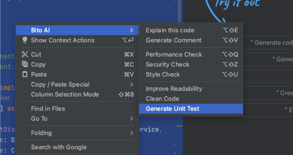bito Generate Unit Test Shortcut